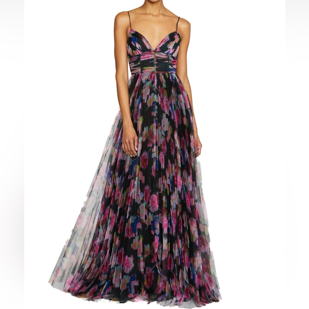 Monique Lhuillier Black Floral Print Gown with Pink and Blue Accents